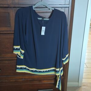 Avenue Navy Tunic with Yellow, Green & White Striped Hem